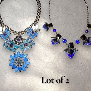 Lot 2 Blue Rhinestone Royal Cobalt Statement Bib Necklaces See Flaw